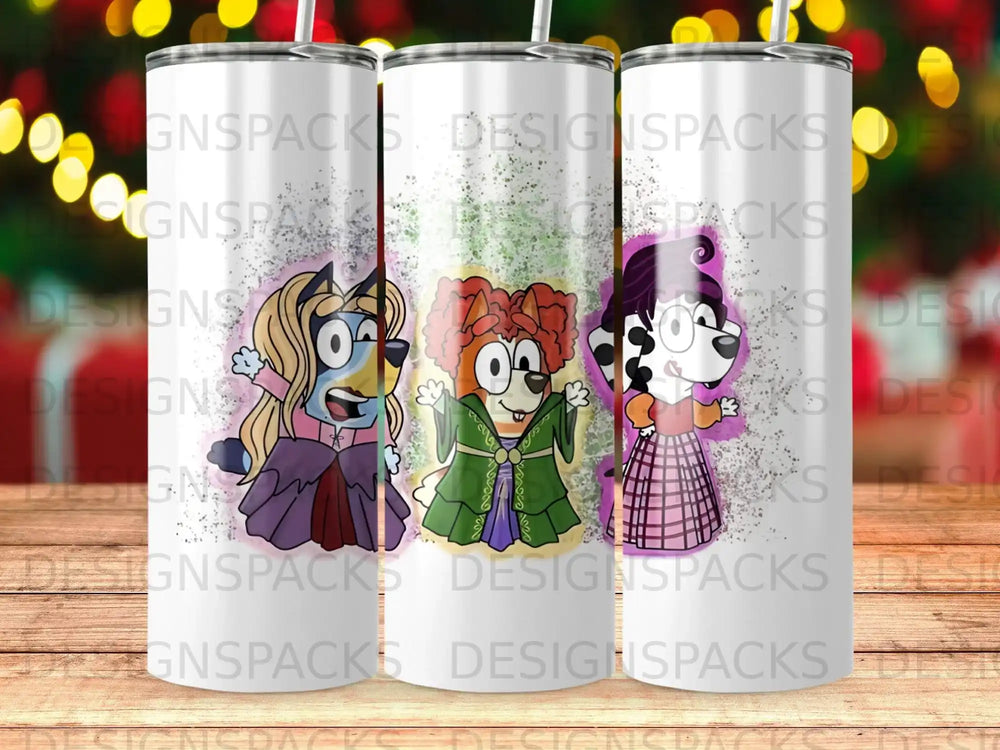 Three cartoon characters in Halloween costumes on a tumbler.