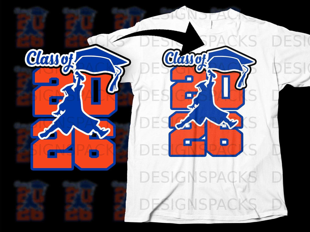 Graphic of a graduation cap, dancer, and "Class of 2026" on a T-shirt.