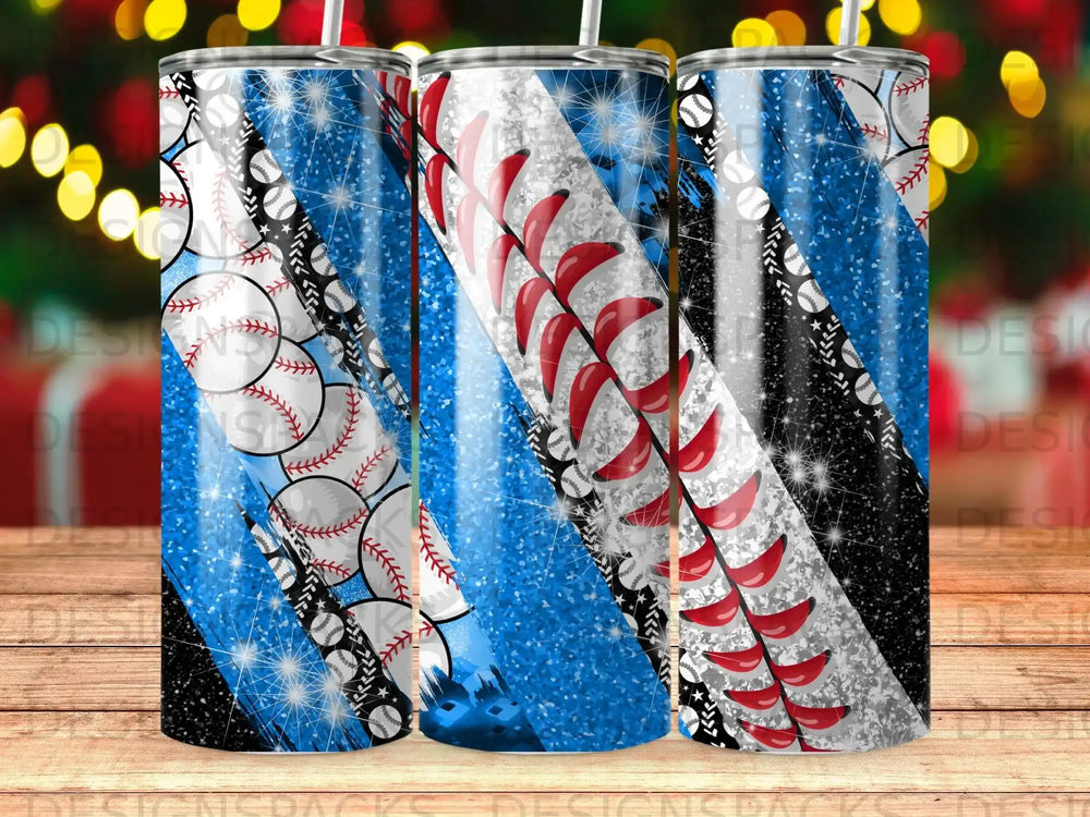 Blue and black tumbler with baseball pattern and glitter accents.