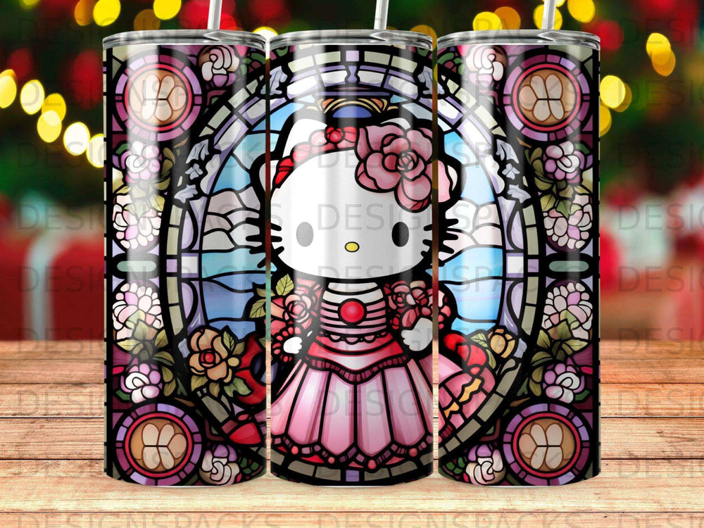 Hello Kitty in stained glass pattern on a tumbler.