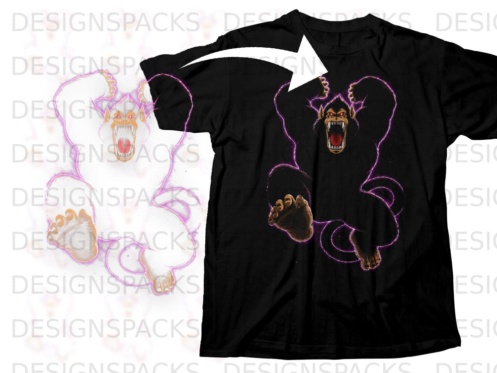 Black t-shirt with a roaring gorilla graphic outlined in purple energy.