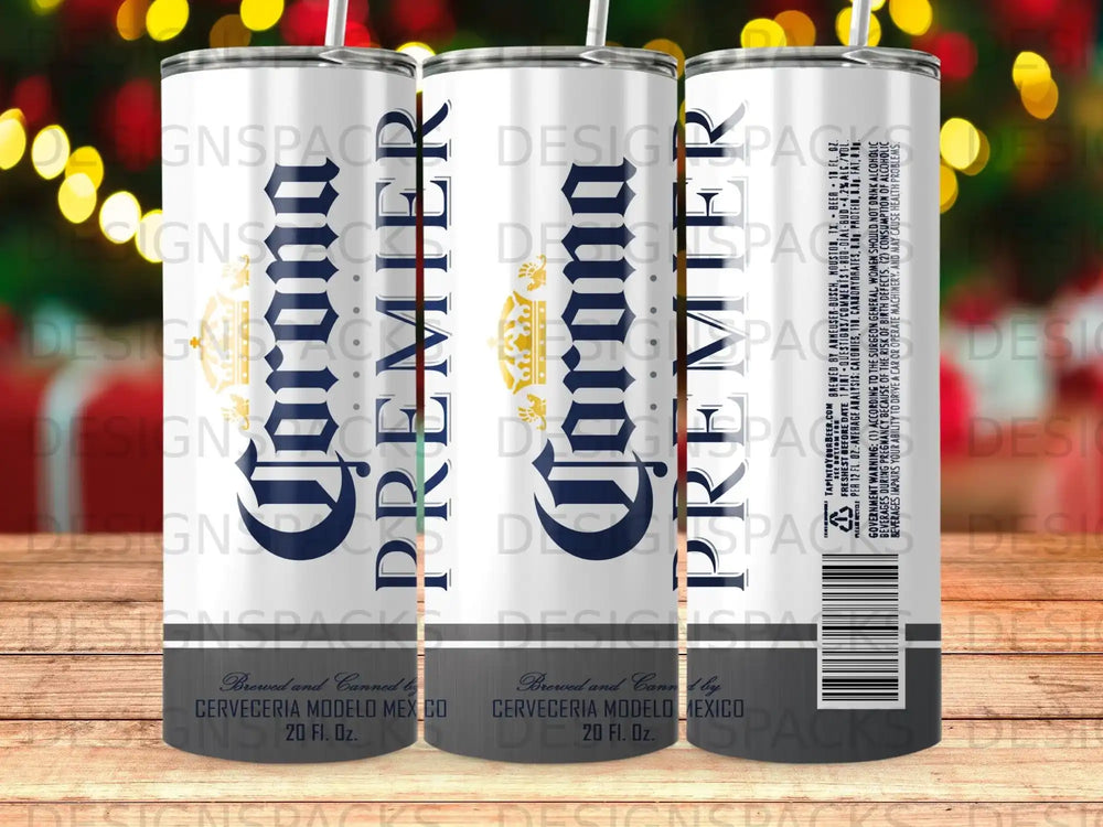 Corona Premier 20 oz. can with branding and nutritional information.