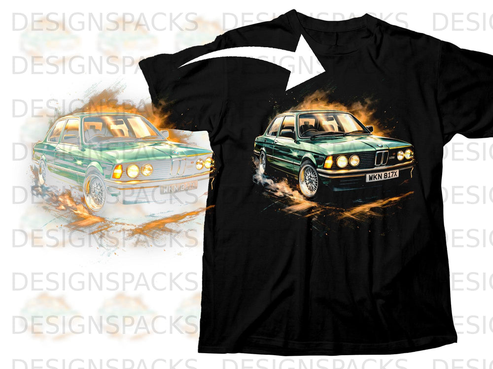 Black t-shirt featuring a green BMW with flames and smoke, license plate WKN 817X.
