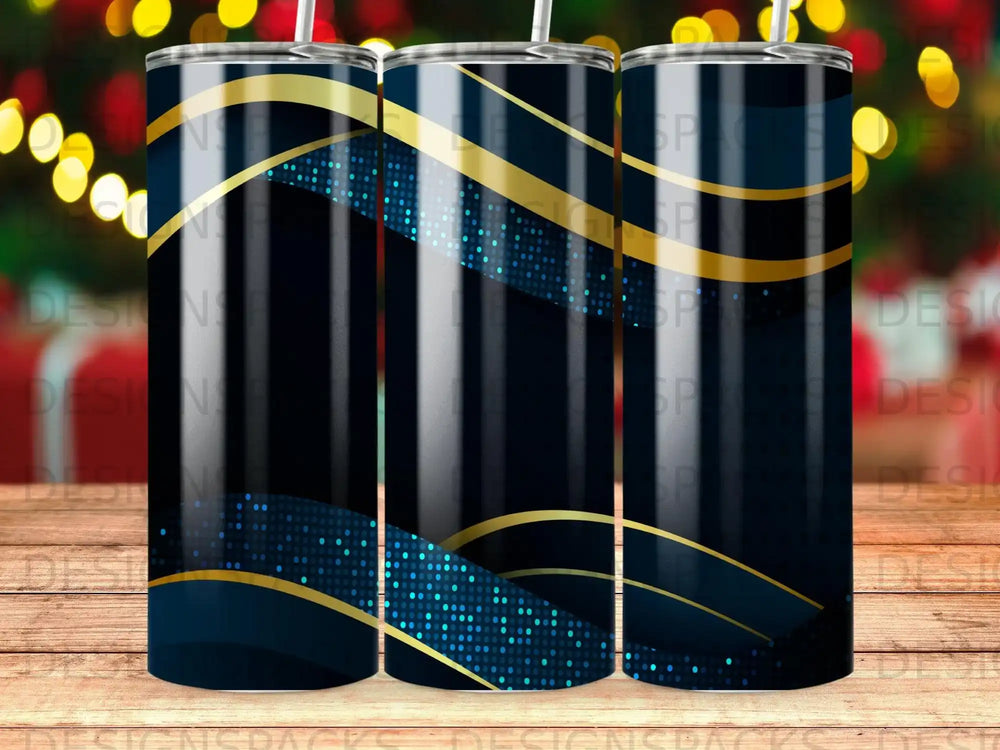Dark blue tumbler with golden stripes and sparkling blue dots.