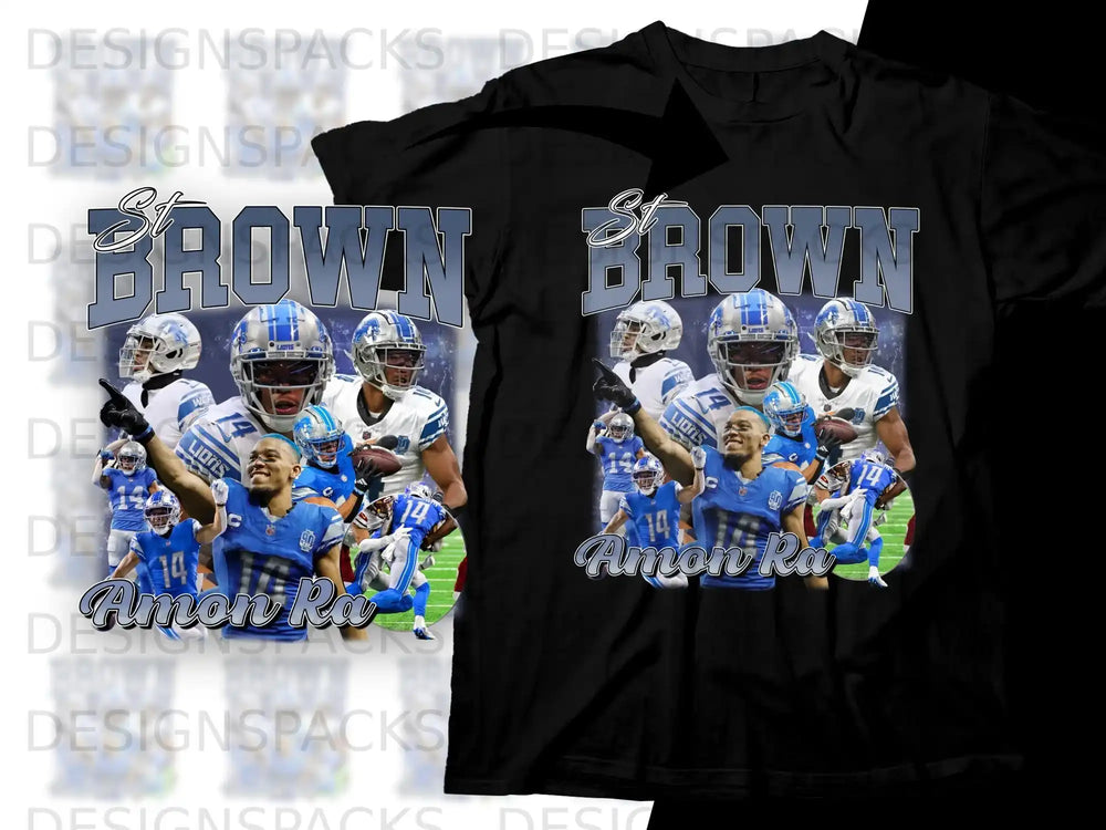 Detroit Lions Amon-Ra St. Brown graphic t-shirt with team players.
