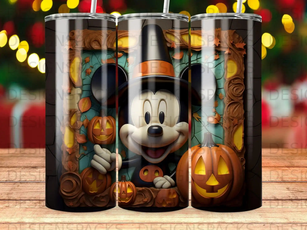 Mickey Mouse in a witch hat surrounded by jack-o'-lanterns on a wood surface.