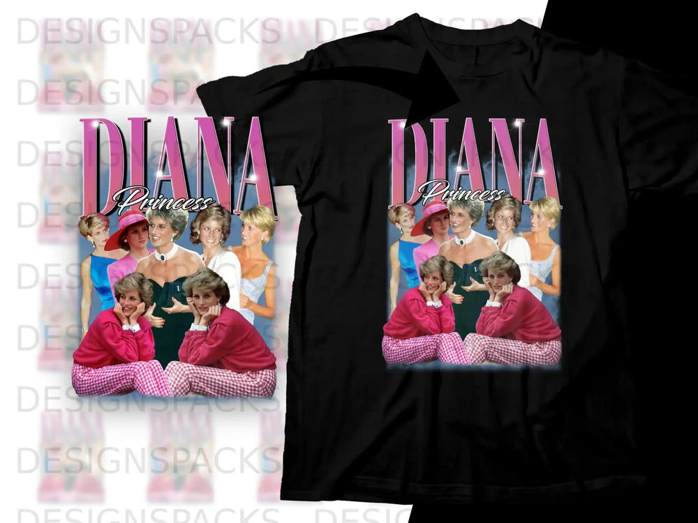 Princess Diana graphic on black t-shirt, with "DIANA PRINCESS" text.