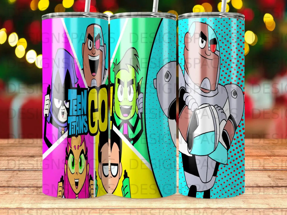 Teen Titans characters Raven, Cyborg, and Robin on a patterned tumbler.