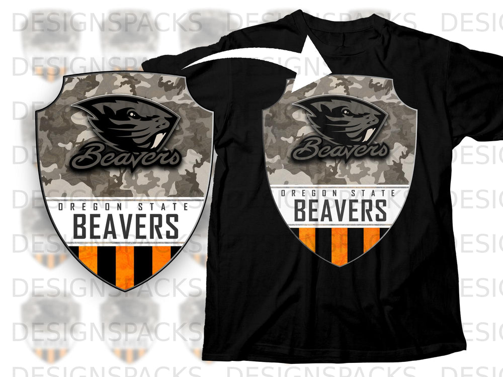 Oregon State Beavers logo with camouflage background on black t-shirt.