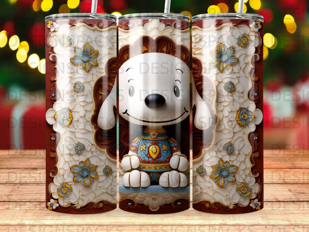 Cartoon dog wearing ornate blue and red outfit with floral border.