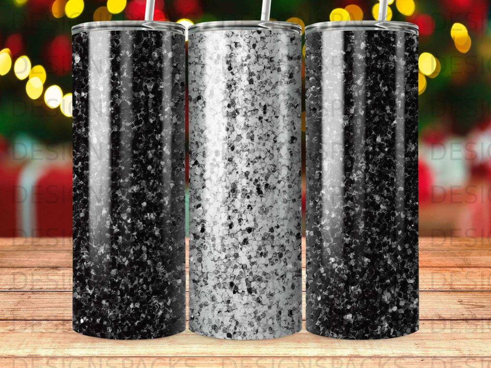 Three tumblers with a black, white, and gray glitter ombre design.
