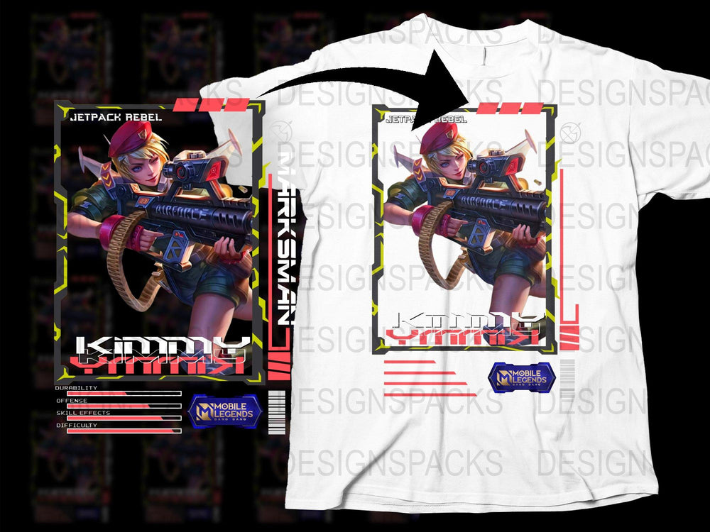 Kimmy Jetpack Rebel Mobile Legends Graphic T-Shirt, Colorful Gaming Merchandise, Unisex Gamer Tee, Vibrant Character Design Shirt