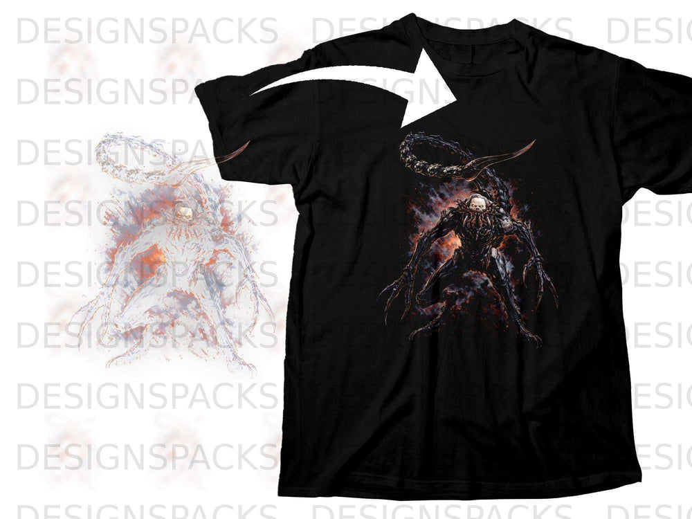 Black t-shirt with a black and white illustration of a monstrous creature.