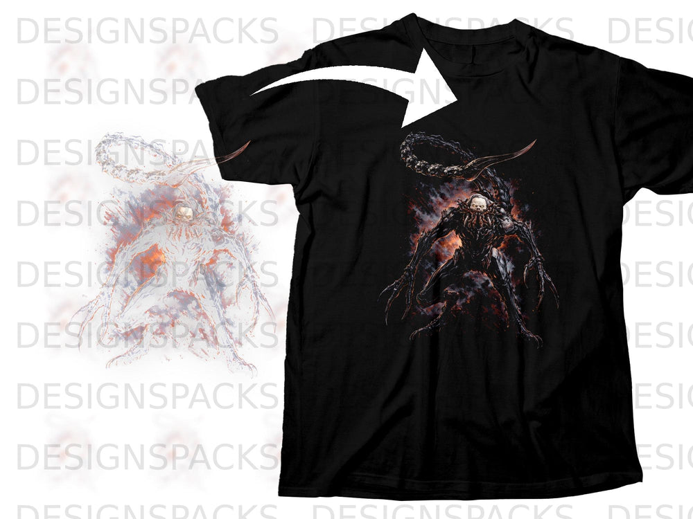Black t-shirt with a black and white illustration of a monstrous creature.