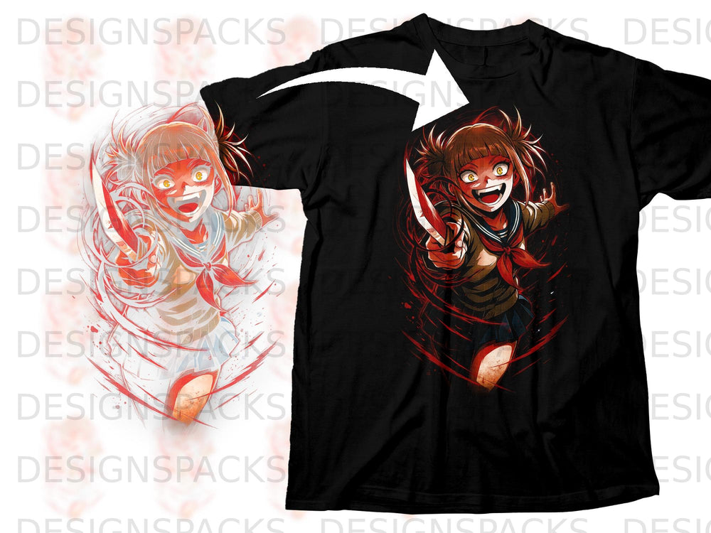 Black t-shirt featuring an anime character with blonde pigtails and a knife.