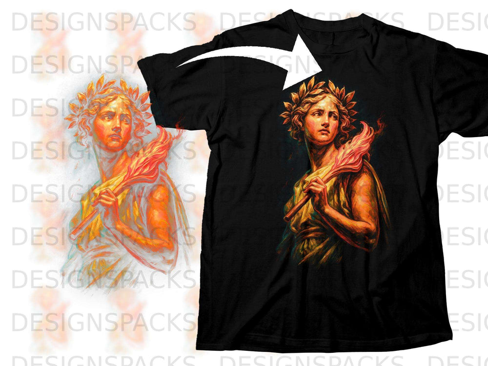 Black t-shirt with artwork of ancient woman holding a flaming torch.