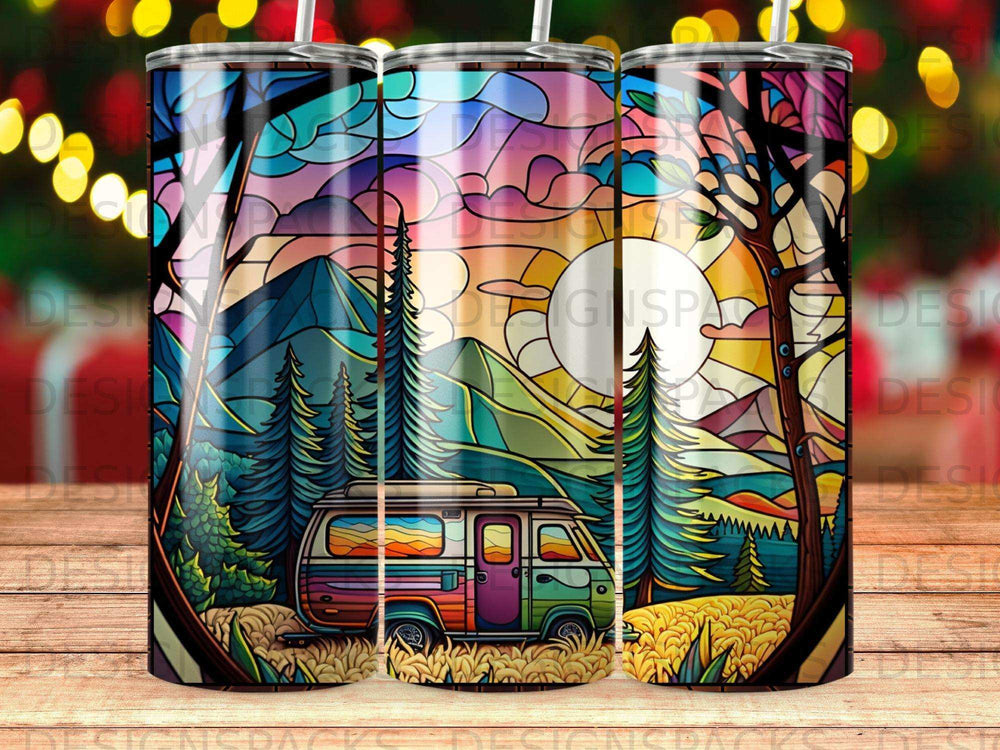 Van in stained glass landscape with trees and sun.