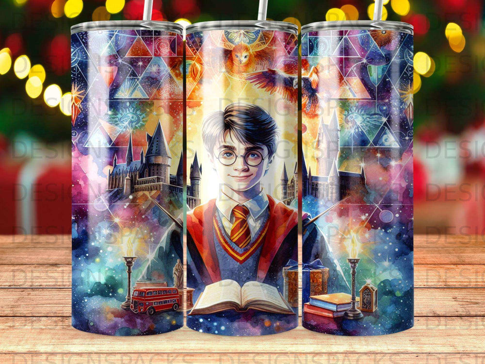 Harry Potter with Hogwarts, books, and owl, on a patterned tumbler.