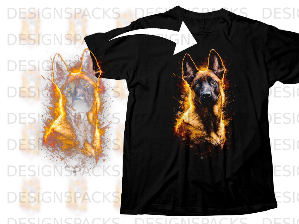 Black t-shirt featuring a German Shepherd dog with fiery accents.