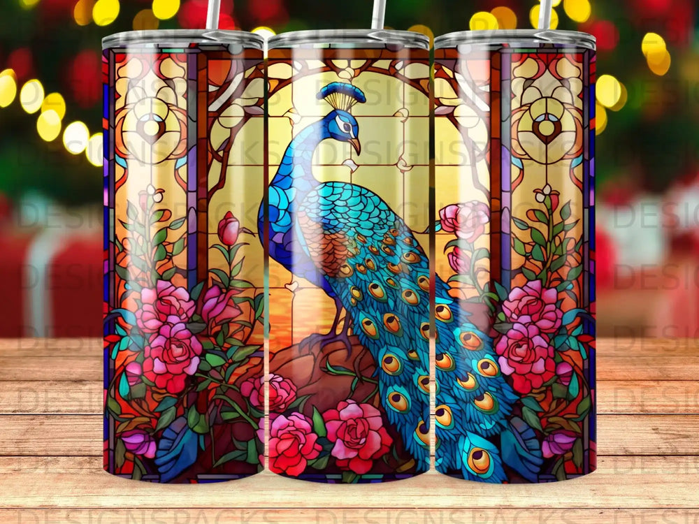 Stained glass peacock and roses on a tumbler design.