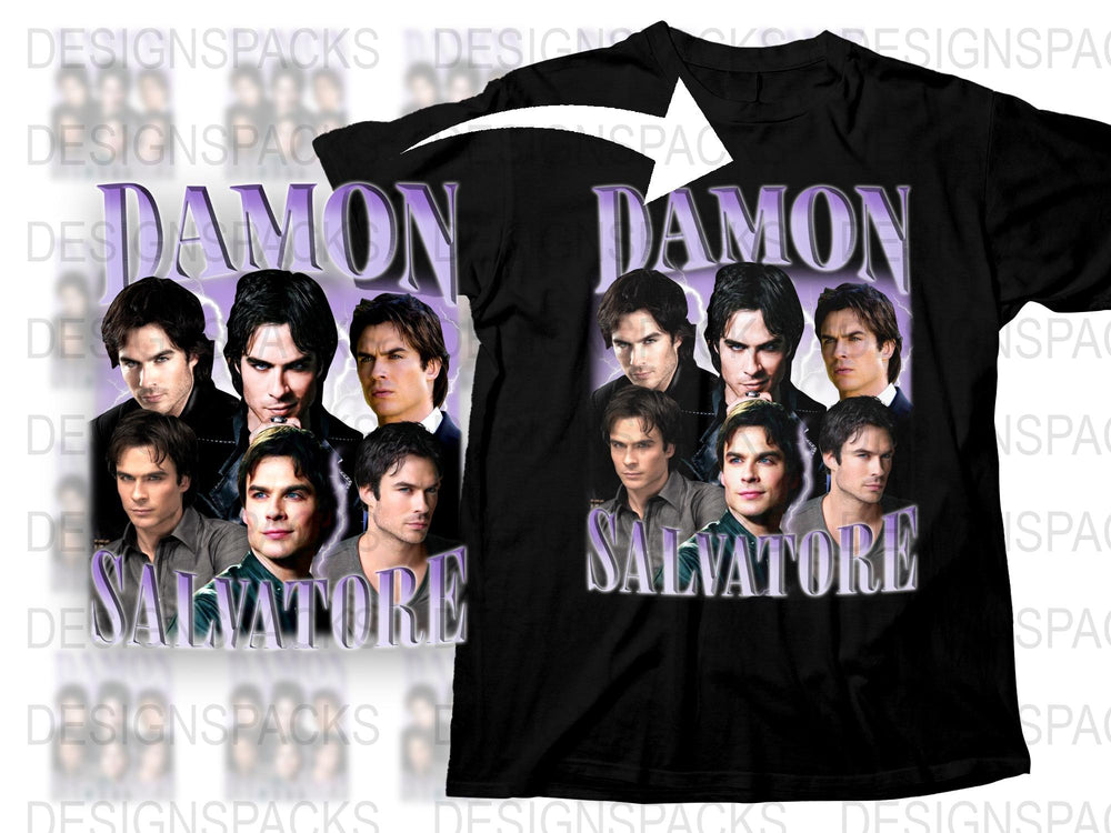 Damon Salvatore T-Shirt, Vampire Graphic Tee, TV Show Fan Merch, Multiple Faces, Black Cotton Shirt