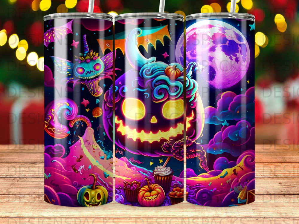 Halloween tumbler featuring a jack-o'-lantern, monsters, pumpkins, and a full moon.