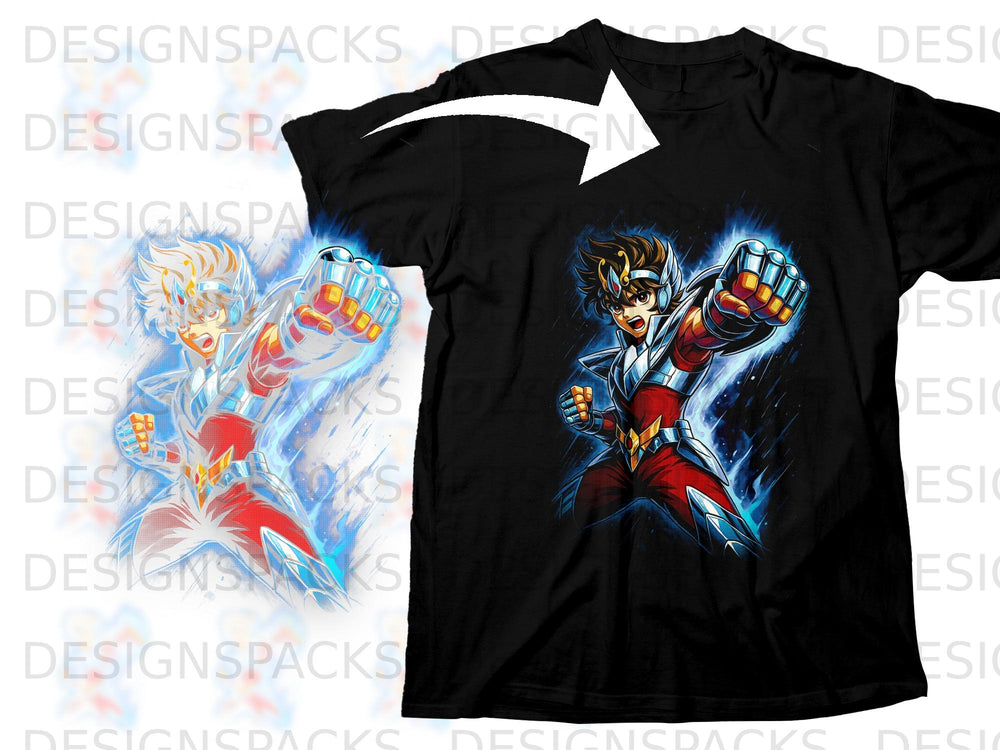 Black t-shirt with a Seiya figure in silver and red armor with blue energy.