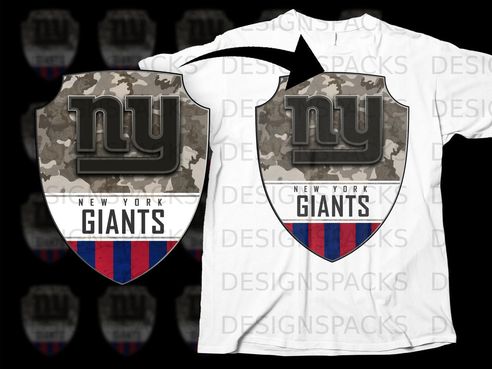 New York Giants logo with camouflage pattern and red and blue stripes on a white t-shirt.