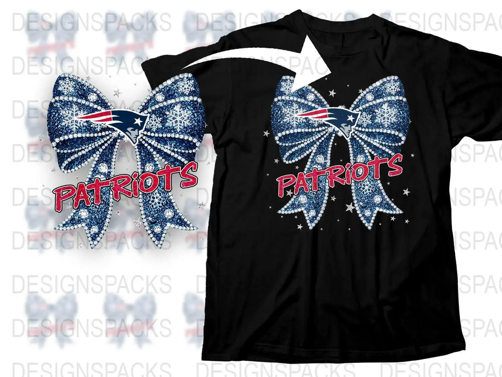 Patriots Sparkle Bow Rhinestone T-Shirt, Patriotic Sports Fan Apparel, Glittery Team Support Tee