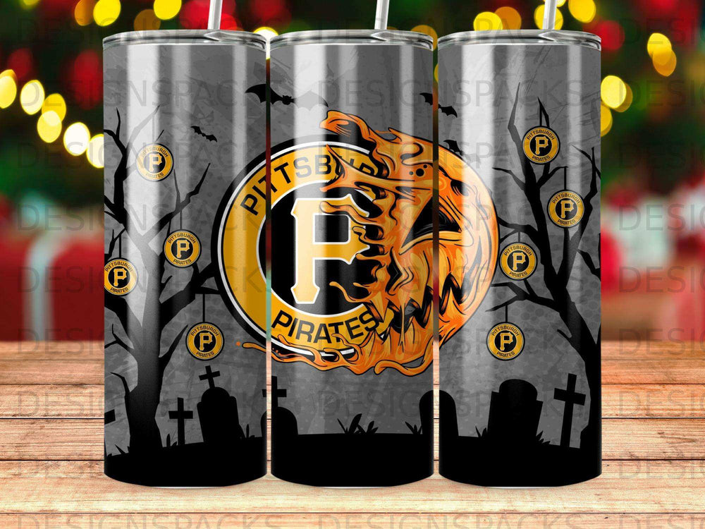 Pittsburgh Pirates logo on a tumbler with a Halloween-themed graveyard background.