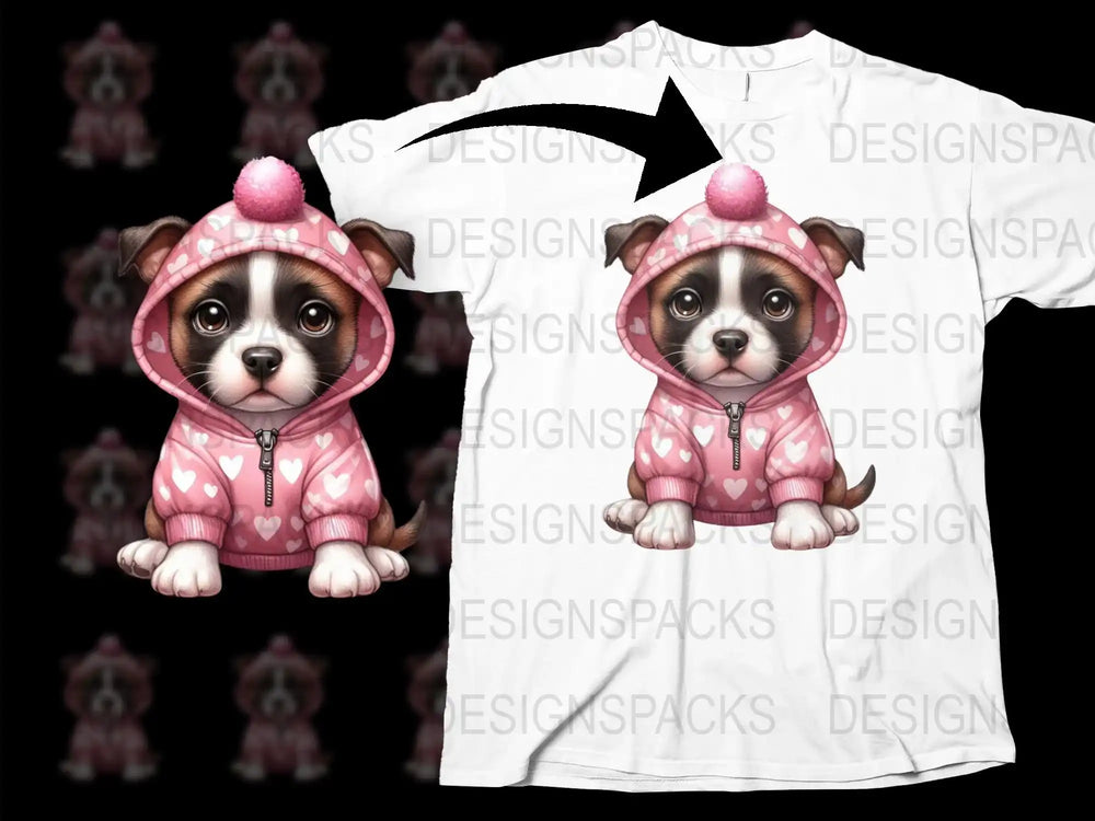 Cute Puppy Hoodie T-Shirt, Adorable Dog Graphic Tee, Pink Zip-Up Hood Design, Unisex Fashion Clothing
