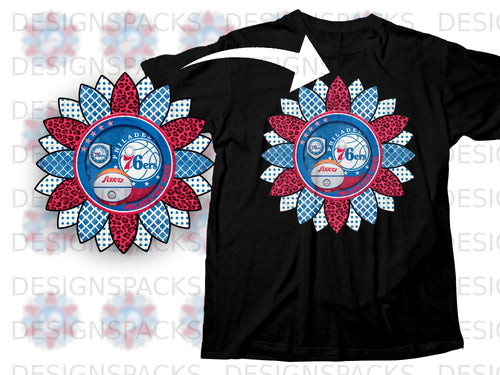 Philadelphia 76ers sunflower design on black t-shirt.