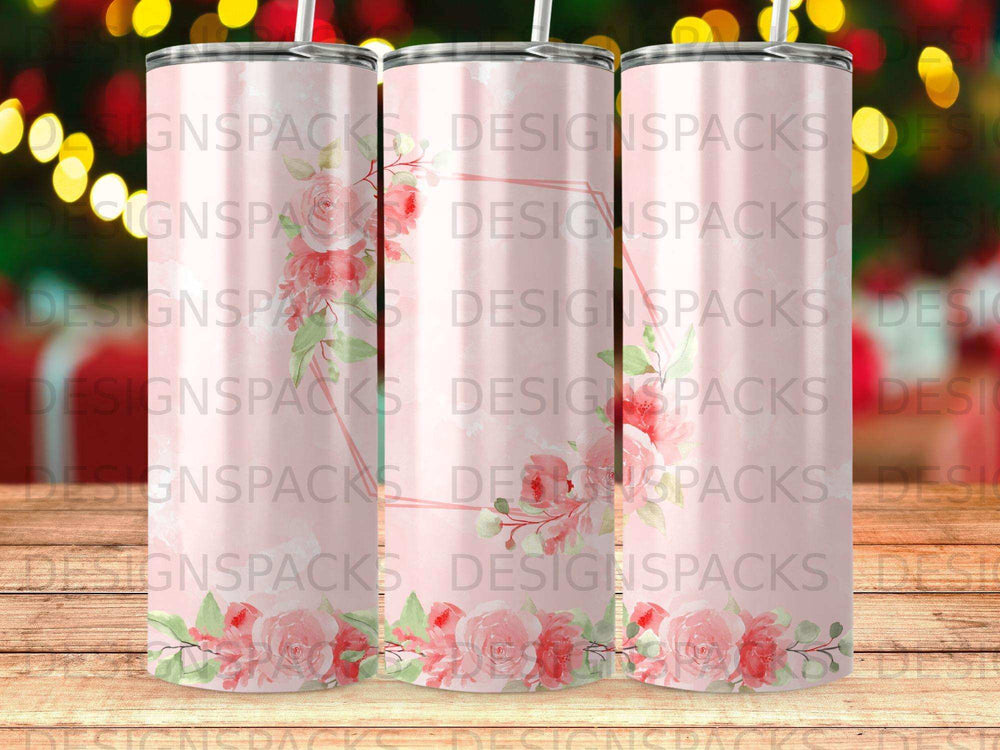 Pink floral pattern tumbler with "DESIGNSPACKS" text repeated.