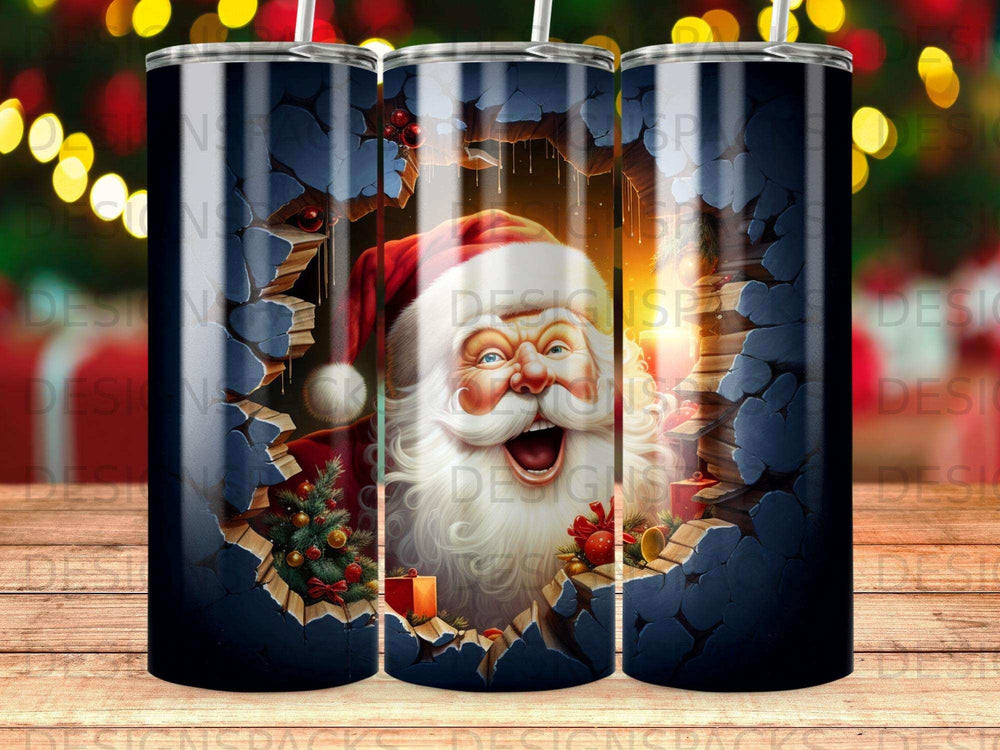 Santa Claus peeking through a cracked wall, with a Christmas tree and gift.