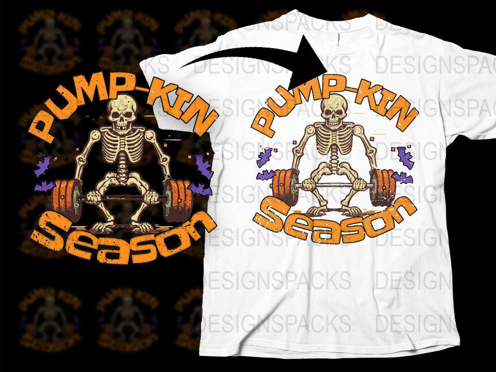 Pumpkin Season Skeleton Lifting Weights Graphic T-Shirt, Halloween Fitness Tee, Fun Gym Shirt