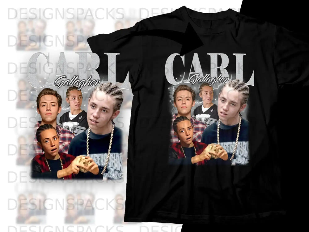 Black t-shirt with "Gallagher" and two images of a young man.