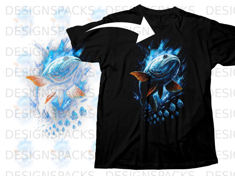 Black t-shirt with a blue fish and school of fish graphic.
