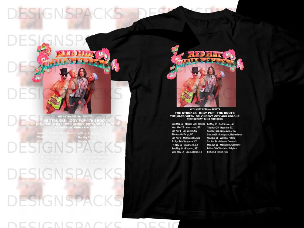 Red Hot Chili Peppers concert t-shirt with band names and tour dates.
