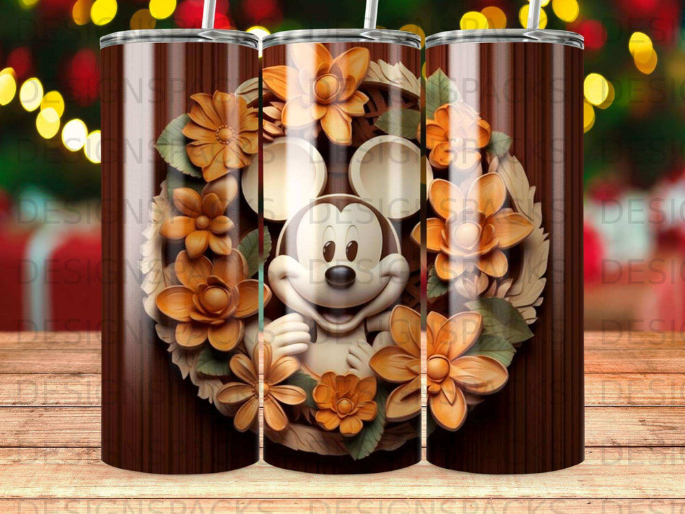 Mickey Mouse in a floral wreath on a wood grain tumbler.