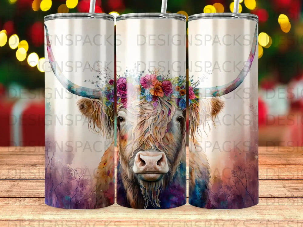 Highland cow with floral crown on tumbler, purple watercolor background.