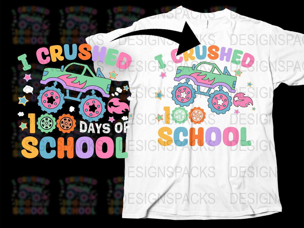 Kids 100th Day of School T-Shirt, Colorful Monster Truck Design, Crushed it Celebration Tee