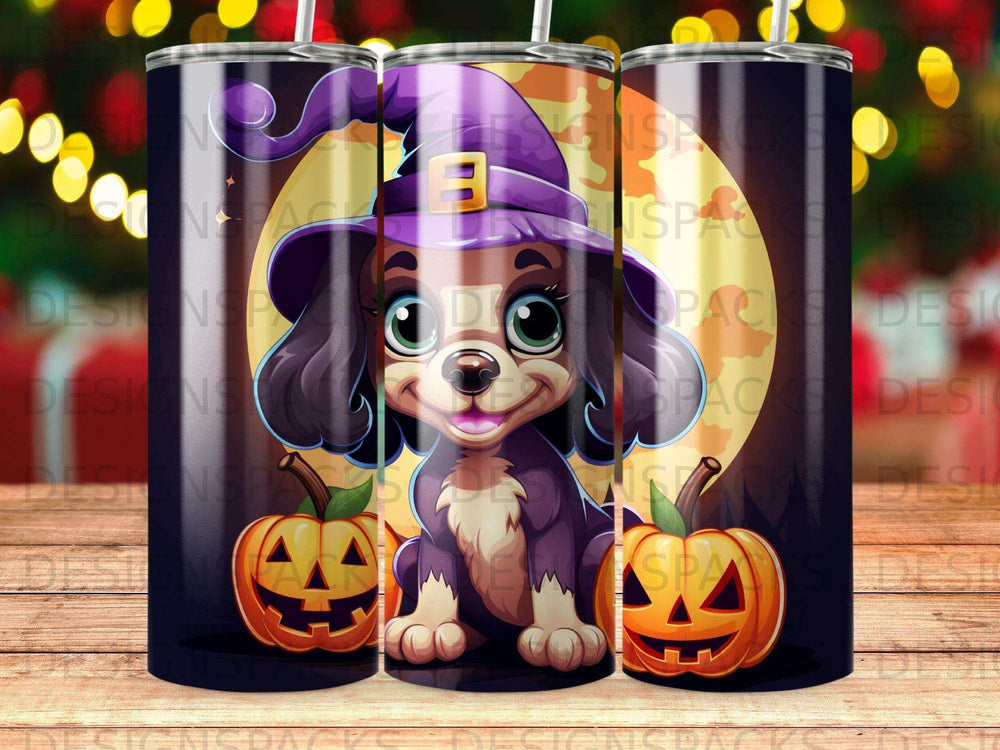 Puppy in witch hat with pumpkins and moon.