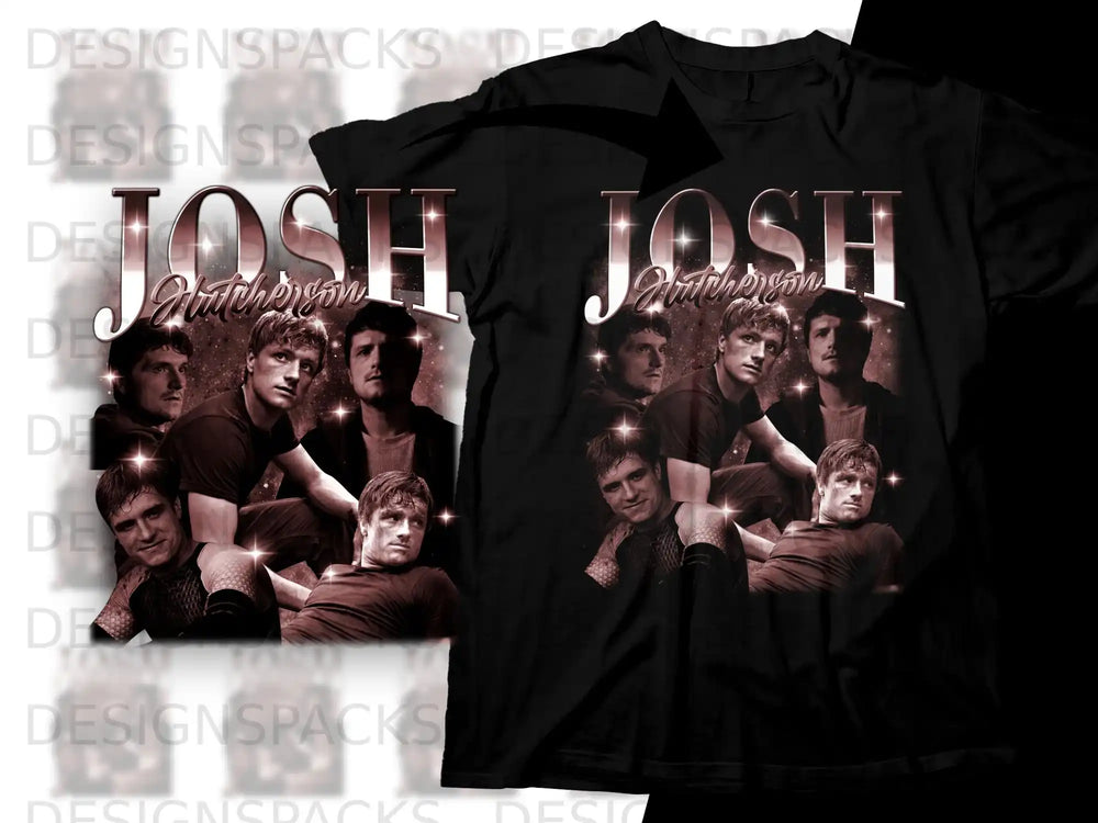 Josh Hutcherson collage graphic on black t-shirt.