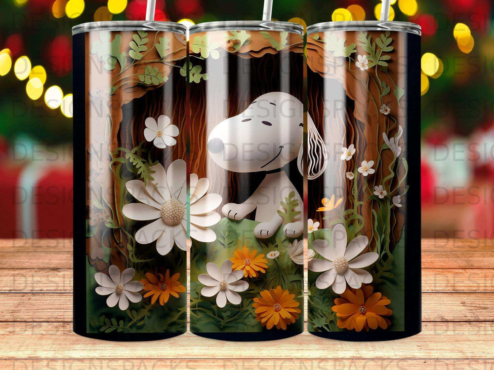 White Snoopy cartoon character among wildflowers and foliage.