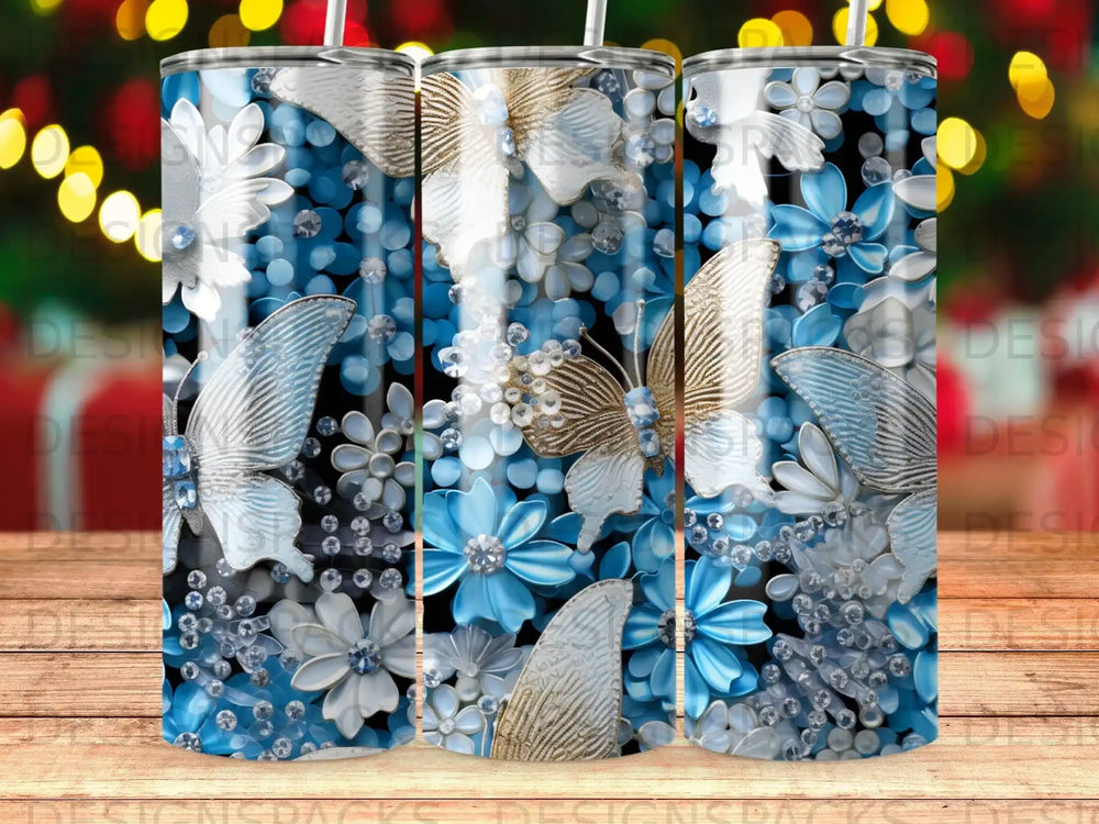 Floral tumbler with butterflies and blue flowers on black background.