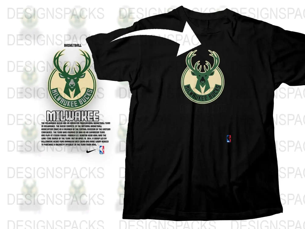 Milwaukee Bucks Inspired Black T-Shirt, Basketball Deer Logo Graphic Tee, Sports Fan Apparel, Casual Streetwear Style