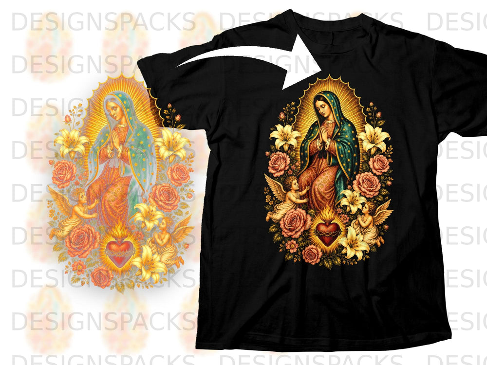 Black t-shirt with a detailed design of the Virgin Mary surrounded by flowers and cherubs.