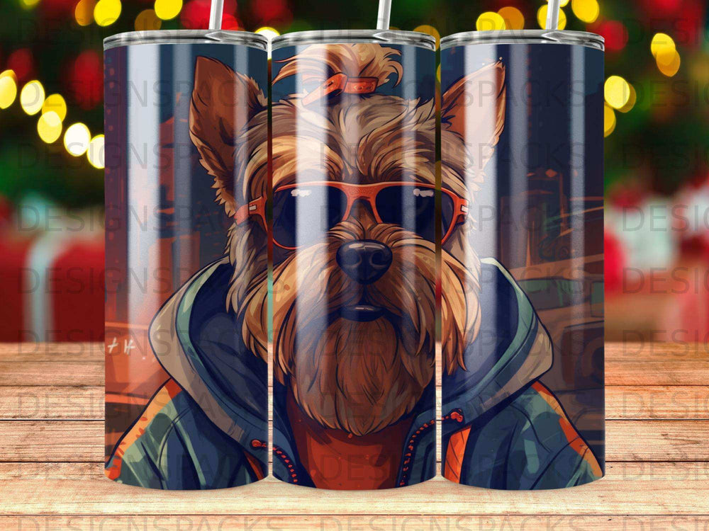 Yorkshire terrier wearing sunglasses and a hoodie, depicted on a tumbler.