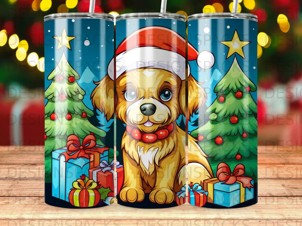 Golden puppy in Santa hat with Christmas trees and gifts.