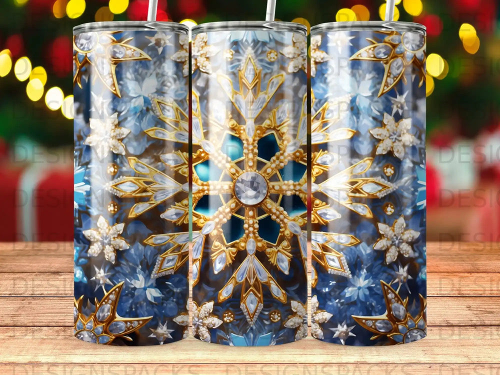 Blue snowflake pattern with gemstones and gold accents on a tumbler.
